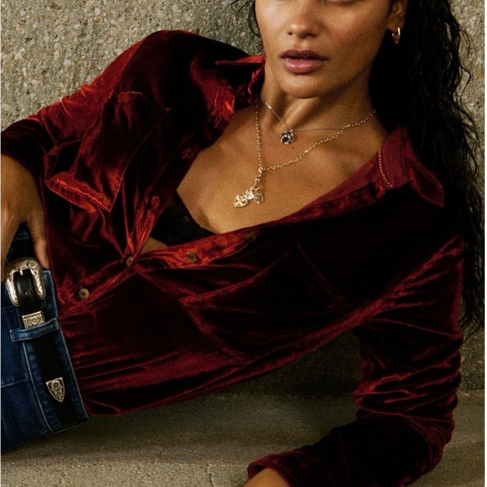 Anthropologie Pilcro Hadley Large Red Velvet Button-Up Shirt